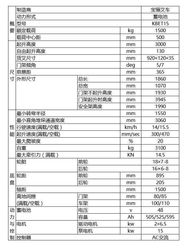 宝骊1.5吨蓄电池平衡重式叉车技术参数